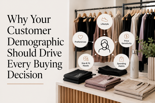 Modern boutique fitness retail display featuring neutral activewear and infographic elements illustrating how customer demographics influence retail buying decisions, pricing, sizing, and merchandising strategy.