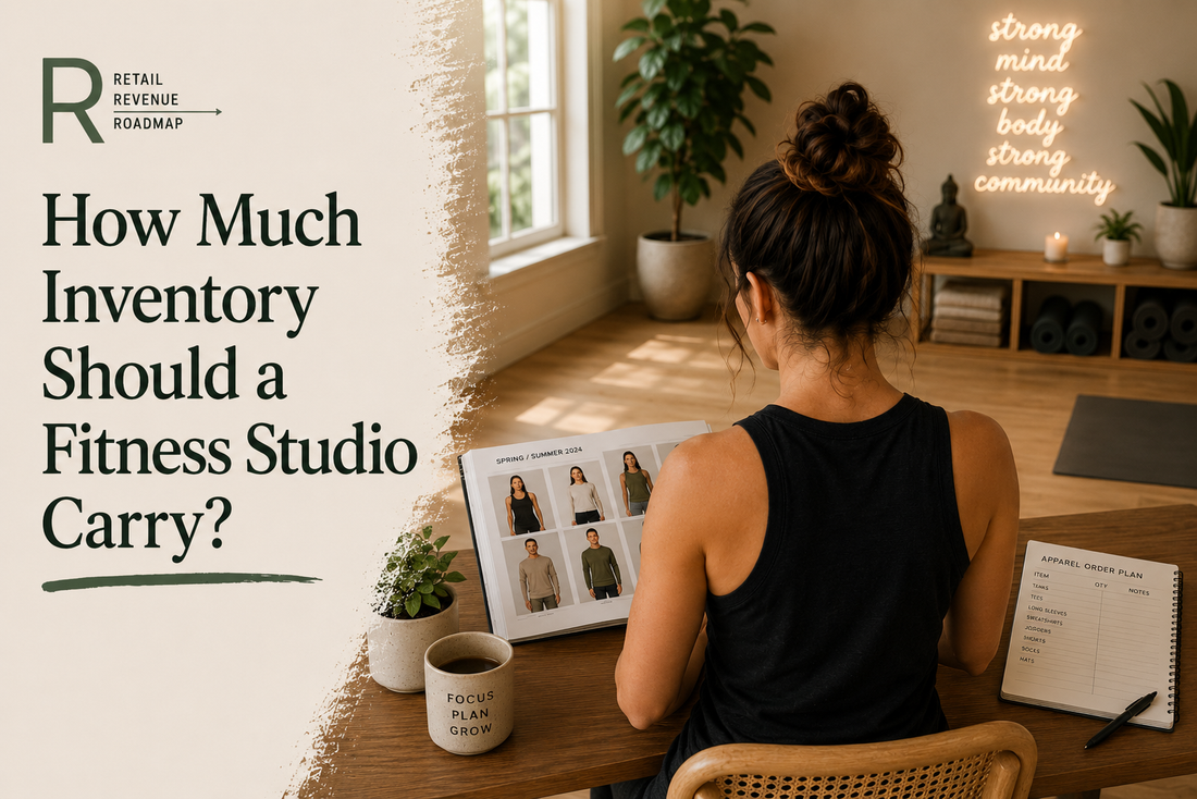 A graphic featuring a fitness studio owner seated at a wooden desk inside a modern yoga studio. the title “How Much Inventory Should a Fitness Studio Carry?”  text overlay