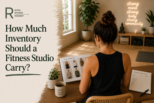 A graphic featuring a fitness studio owner seated at a wooden desk inside a modern yoga studio. the title “How Much Inventory Should a Fitness Studio Carry?”  text overlay