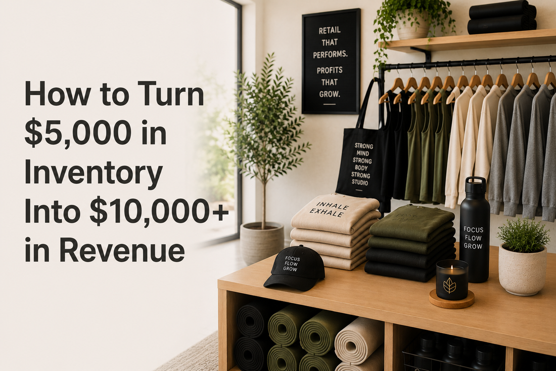 Graphic for fitness studio retail strategy featuring neutral activewear merchandising and educational callouts about turning $5,000 in inventory into $10,000+ in revenue through smarter buying, pricing, and inventory planning.