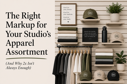 A slat wall with apparel and branded merchandise and text that says "the right markup for your studio's apparel assortment"