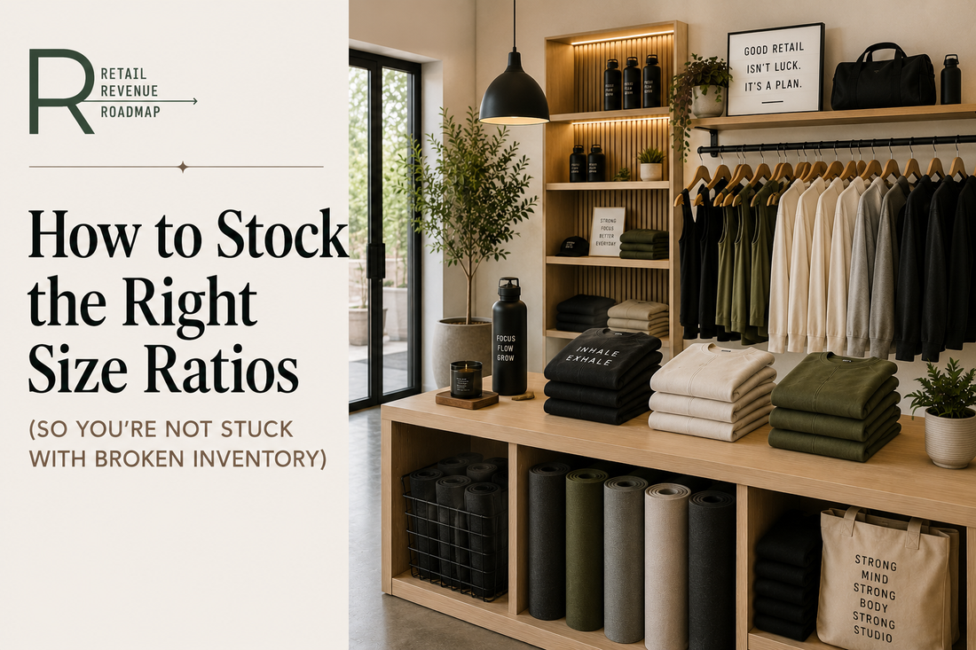 infographic for fitness studio retail strategy featuring a modern boutique activewear display and educational callouts about size ratios, inventory planning, sell-through, and reducing broken inventory in studio retail.