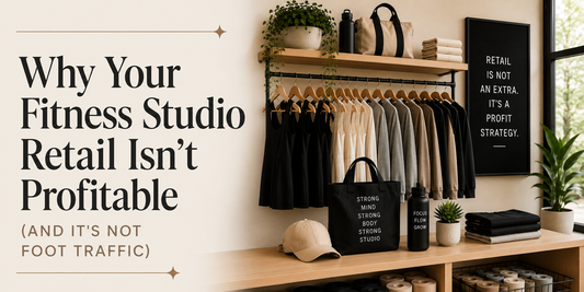 Modern boutique fitness studio retail display with neutral activewear, minimalist merchandising, and editorial typography reading “Why Your Fitness Studio Retail Isn’t Profitable (And It’s Not Foot Traffic)” in a clean, luxury-inspired studio setting.