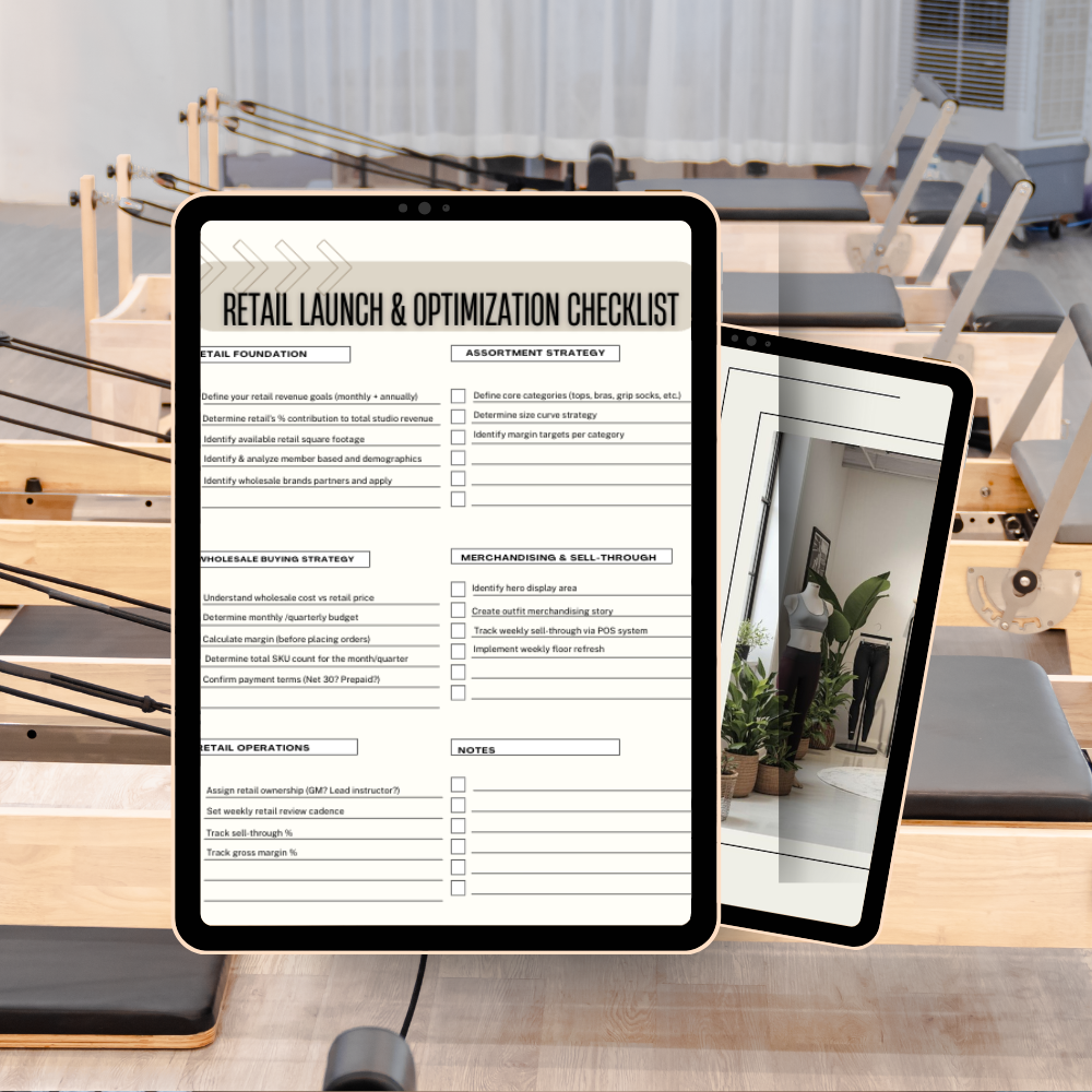 Fitness studio retail launch and optimization checklist PDF shown on tablet mockup