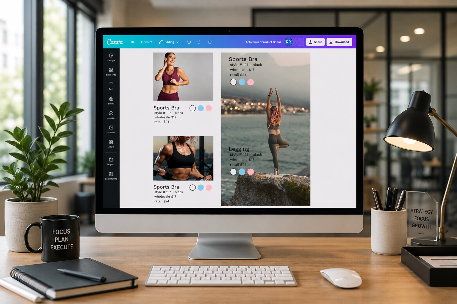 Activewear assortment board being designed on a desktop computer in a modern office workspace using a digital design platform.