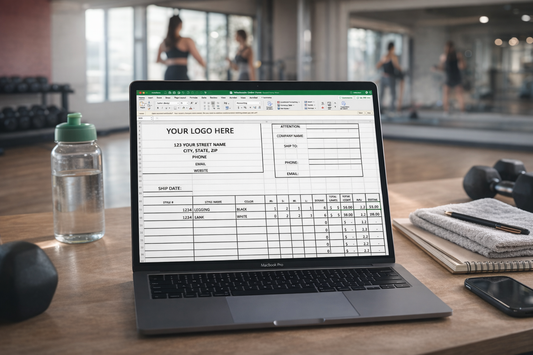 Wholesale order form spreadsheet displayed on laptop in a fitness studio setting
